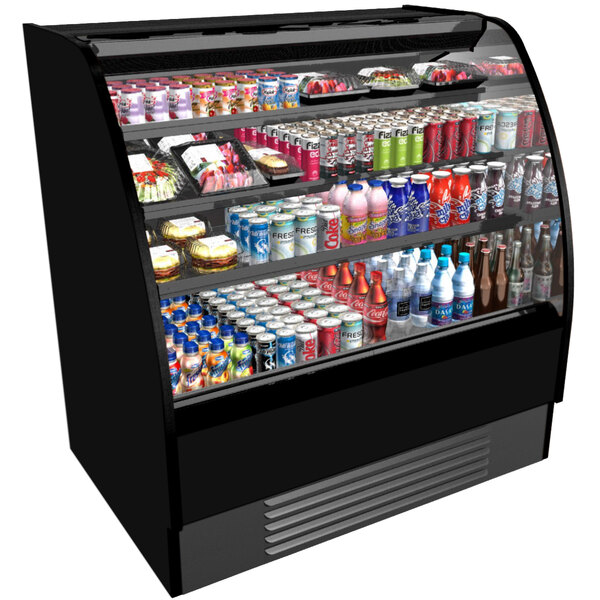 A black Structural Concepts Harmony air curtain merchandiser filled with drinks and snacks.