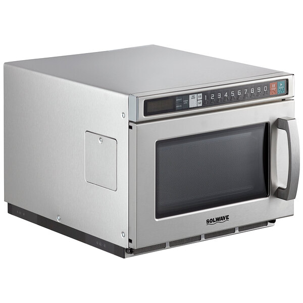 A Solwave stainless steel commercial microwave with a door.