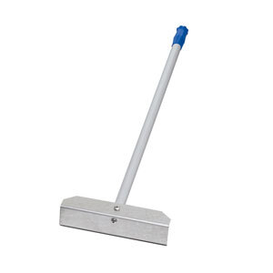 A metal ice rake with a blue handle.