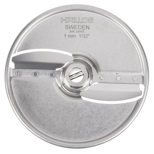 A Hobart stainless steel circular slicing plate with a circular blade.