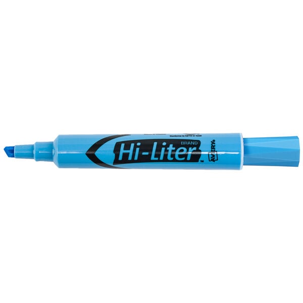 An Avery Light Blue Hi-Liter with black writing on it.