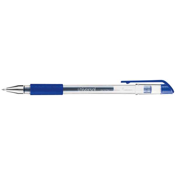 A Universal blue medium point gel pen with a blue cap.