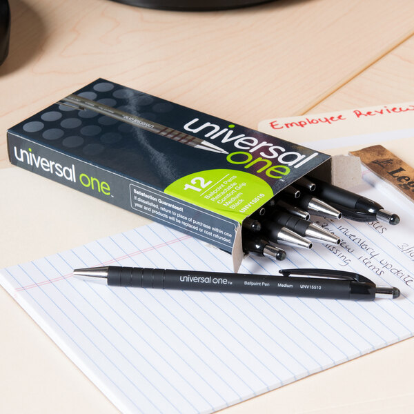 Universal One UNV15510 Comfort Grip Black Medium Point 1mm Retractable Ballpoint Pen   - 12/Pack