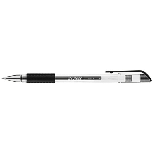 A Universal black medium point gel pen with a silver tip.