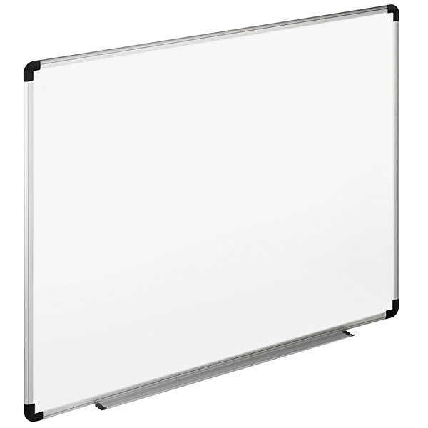 A Universal white melamine dry erase board with aluminum frame and black plastic corners.