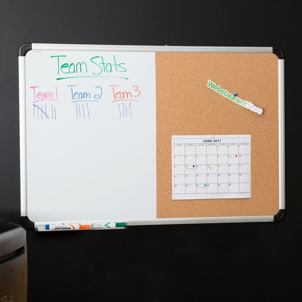 Universal UNV43743 36" x 24" Two Panel Board with White Write-On Dry Erase Board, Natural Cork Board, and Aluminum Frame