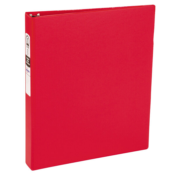 An Avery red economy binder with a white label on the cover.