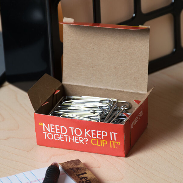 A box of Universal silver smooth finish jumbo paper clips.