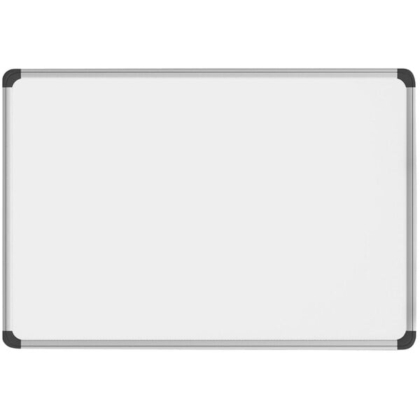 A Universal white magnetic steel dry erase board with an aluminum frame and black plastic corners.
