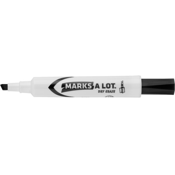A close up of a black Avery Marks-A-Lot logo on a white desk style dry erase marker.