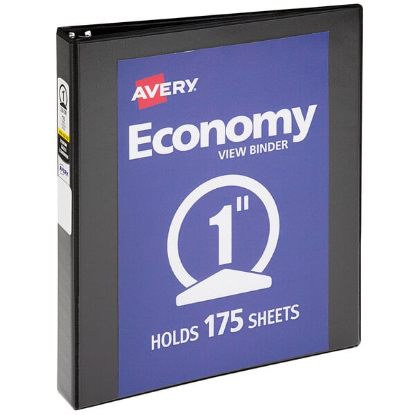 An Avery black economy view binder with round rings.