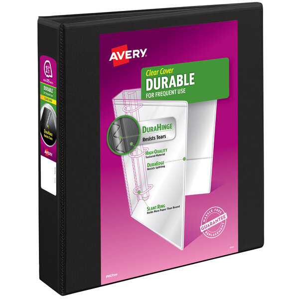A black Avery durable view binder with a white and green label.
