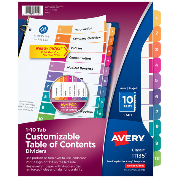 Avery® 11135 Ready Index 10-Tab Multi-Color Table of Contents Dividers