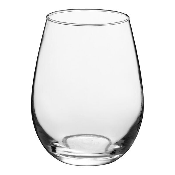 A clear 12 oz. stemless wine glass with a rounded shape.