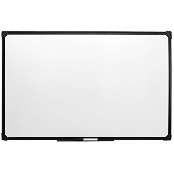 A white Universal melamine dry erase board with a black frame.