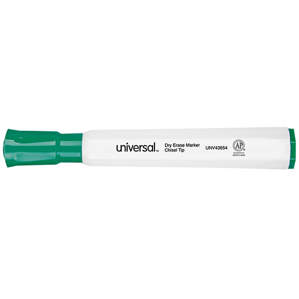 A white and green Universal desk style dry erase marker with a chisel tip.