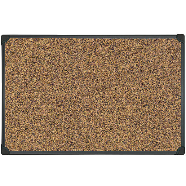 A Universal cork board with black frame.