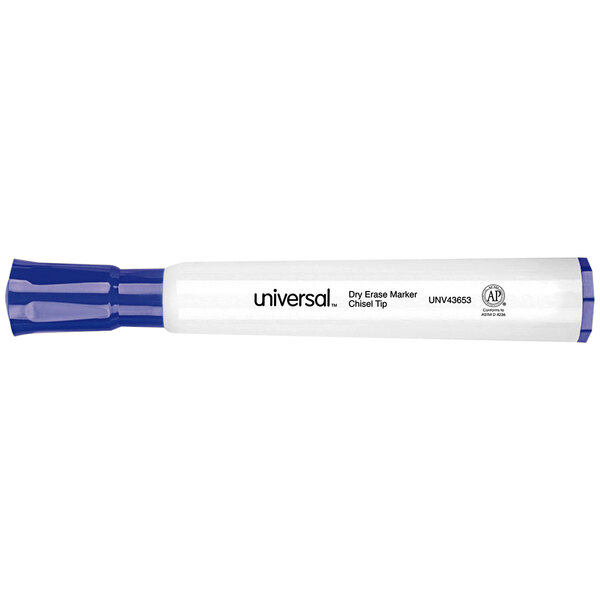 A Universal blue chisel tip dry erase marker.