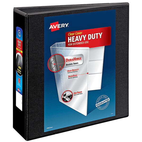 An Avery heavy-duty black binder with a white label on the cover.