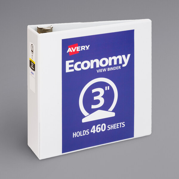 A white Avery economy view binder with blue and white text on the label.