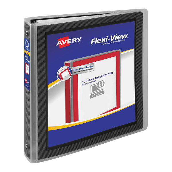 An Avery black Flexi-View binder with a white and red label on the front.