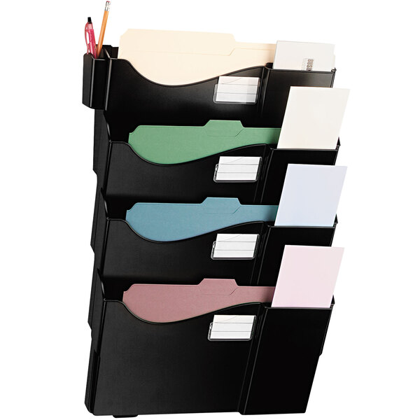 A Universal black plastic wall mounted file holder with different colored papers.