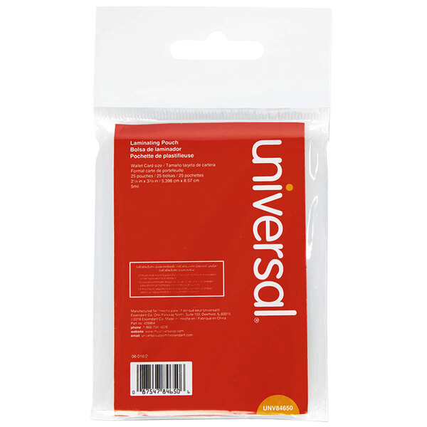 A red and white package of 25 Universal clear laminating pouches with white text.