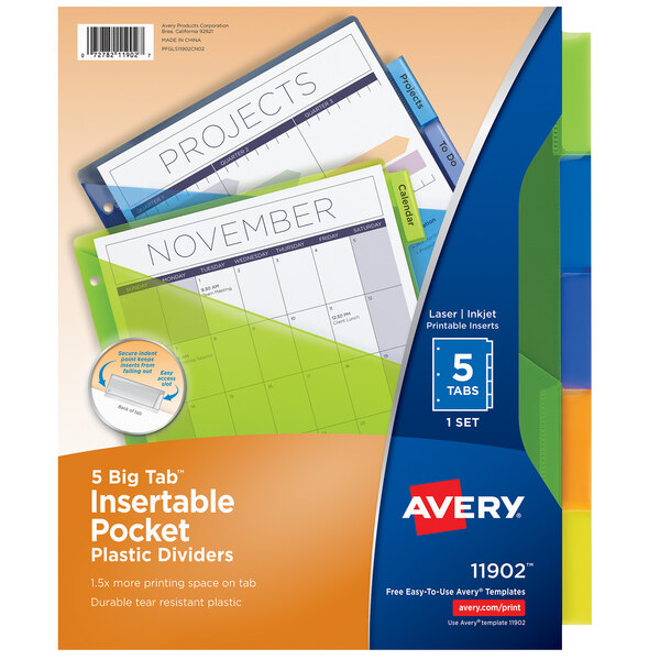 Avery® 11902 Big Tab 5-Tab Insertable Multi-Color Plastic Dividers with Folder Pockets