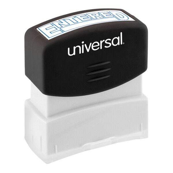 A blue rectangular rubber stamp with white text that reads "Universal Entered"