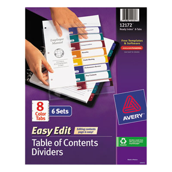 Avery 12172 Ready Index 8Tab MultiColor Easy Edit Table of Contents
