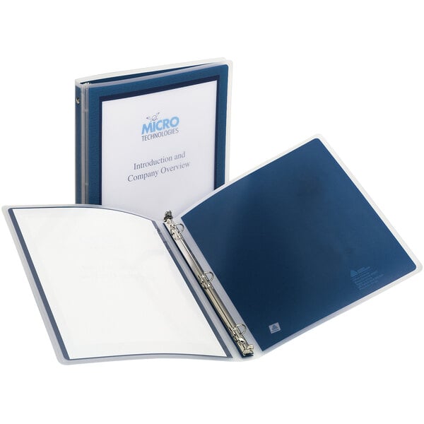 A navy blue Avery Flexi-View binder with a white sheet of paper in it.