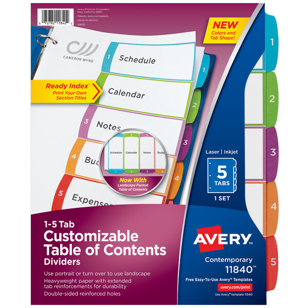 A package of Avery Ready Index customizable table of contents dividers with colorful tabs.