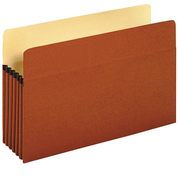 A stack of brown Universal legal size file folders with yellow tabs.