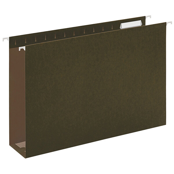 A brown UNV14153 legal size box bottom hanging file folder with white label.
