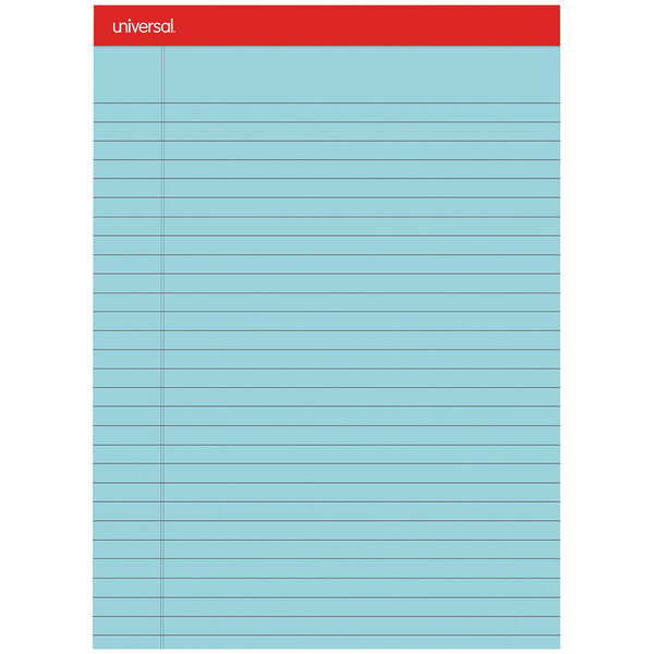 A Universal blue legal notepad with blue lines and a red margin.