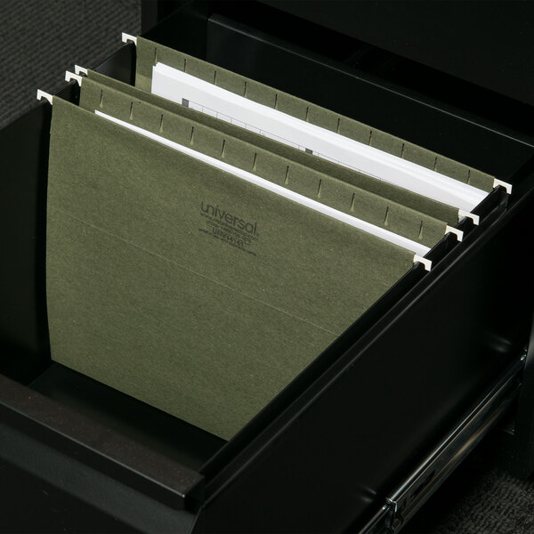 A file drawer with two Universal box bottom hanging file folders.