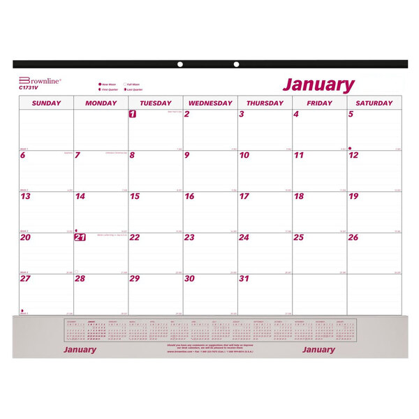 Rediform C1731V Brownline 22" x 17" White / Burgundy Monthly January 2023 - December 2023 Desk Pad Calendar with Vinyl Strip