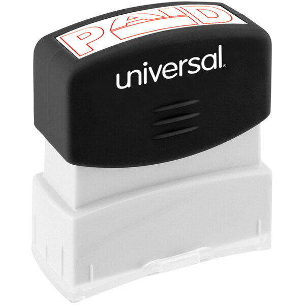 A black rectangular rubber stamp with white text that reads "Universal Paid" in white.