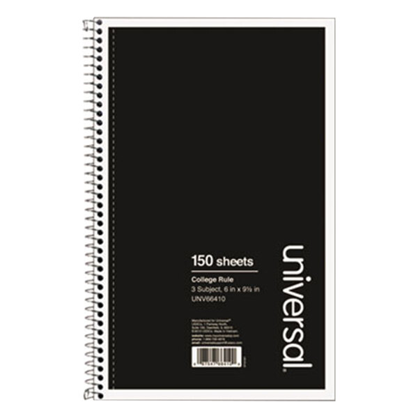 Universal UNV66410 9 1/2" x 6" Black 3 Subject College Ruled Wirebound Notebook - 120 Sheets