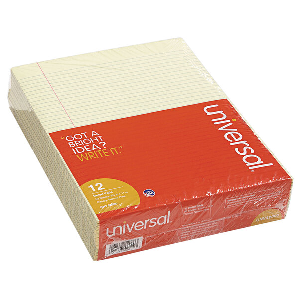 A plastic wrapped stack of Universal narrow rule paper pads with writing on the top sheet.