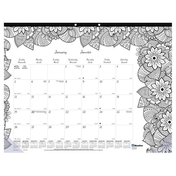 A Blueline DoodlePlan desk pad calendar with a white background and a floral border.