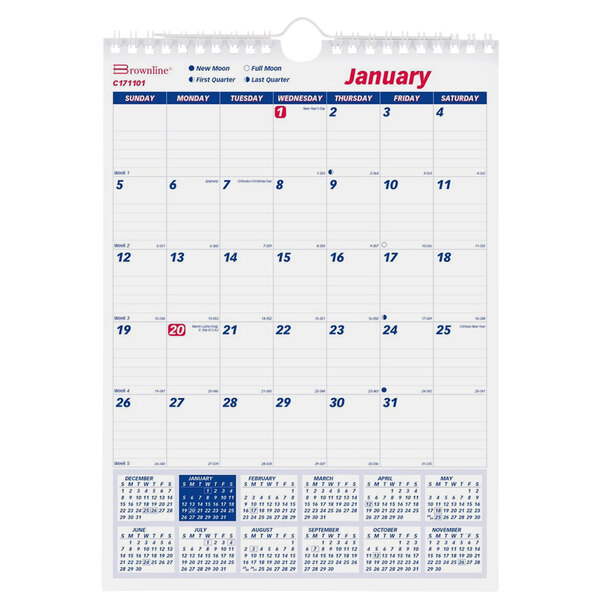 A Brownline wall calendar for January - December 2024 with blue and white numbers and letters on a white background.