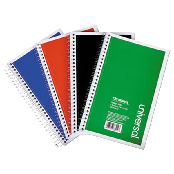 Universal UNV66414 9 1/2" x 6" Assorted Colors 3 Subject College Ruled Wirebound Notebook, 120 Sheets - 4/Pack