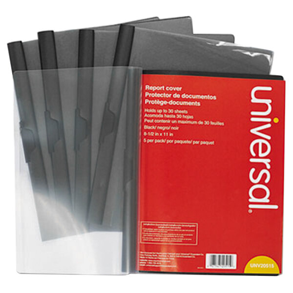 Universal Office UNV20515 11" x 8 1/2" Black Plastic Report Cover with Clear Cover and Clip Fastener, Letter - 5/Pack