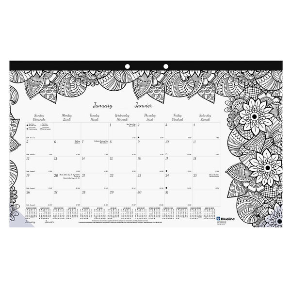 Blueline C2917001 DoodlePlan 17 3/4" x 10 7/8" Botanical Monthly January 2023 - December 2023 Desk Pad Calendar with Coloring Pages