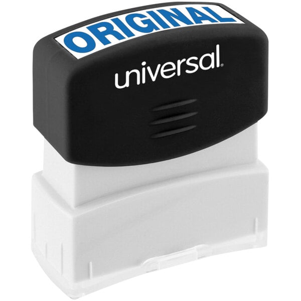 A blue Universal pre-inked stamp with black text.