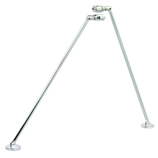 A chrome metal bi pod with two round metal rods.