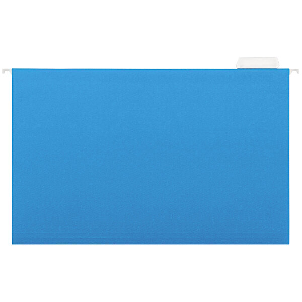 A blue UNV14216 legal size hanging file folder with a white label.