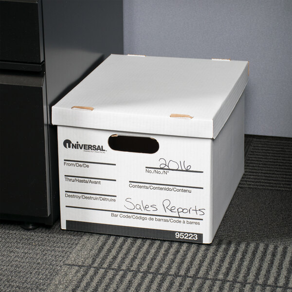 Universal UNV95223 15" x 12" x 10" White Letter/Legal Sized Corrugated Fiberboard Storage Box with Lift-Off Lid - 12/Case