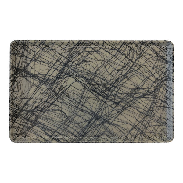 A rectangular gray Cambro dietary tray with black swirl lines.